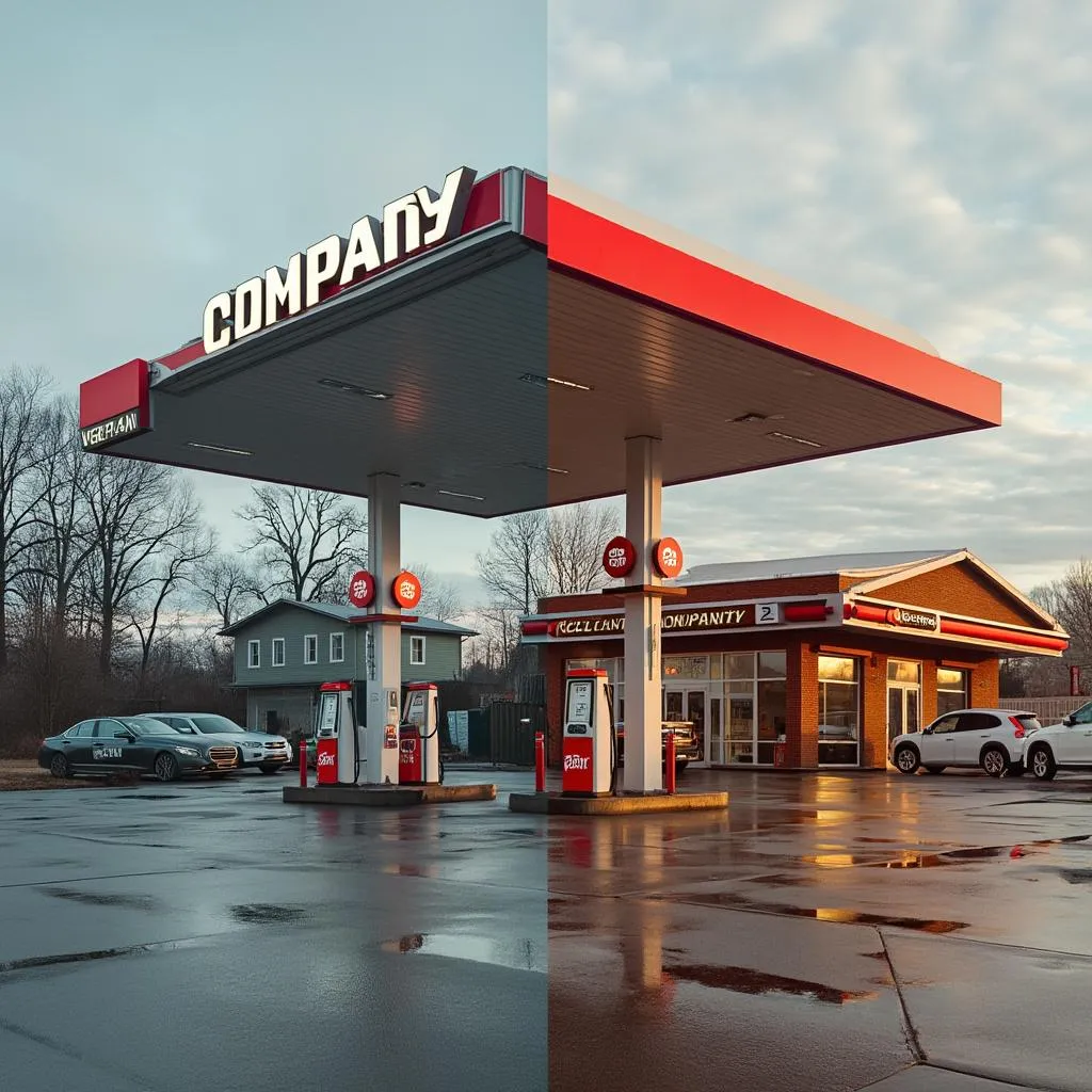 Коллаж из исторических и современных фотографий АЗС компании